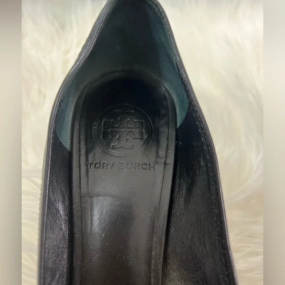 Tory Burch Black Leather Logo Ballet Flats with Gold Emblem